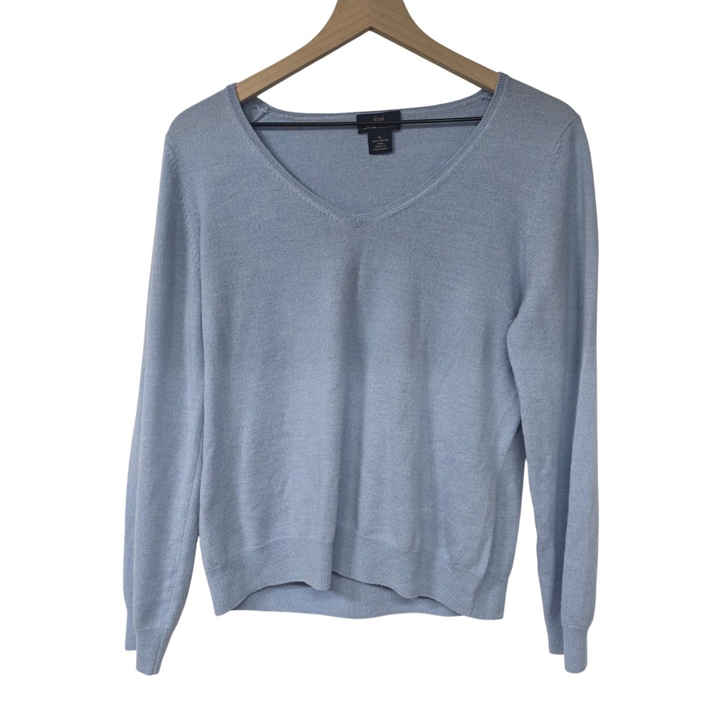 Brooks Brothers 346 V-Neck Sweater Women XL Blue Extra Fine Italian Merino Wool
